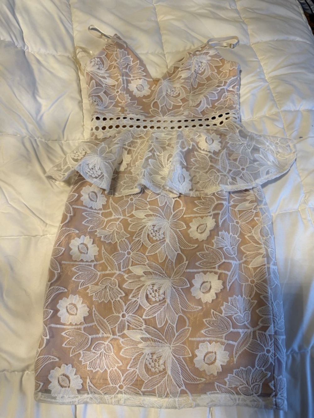 Beige Lace Peplum Mini Dress with White Floral Overlay